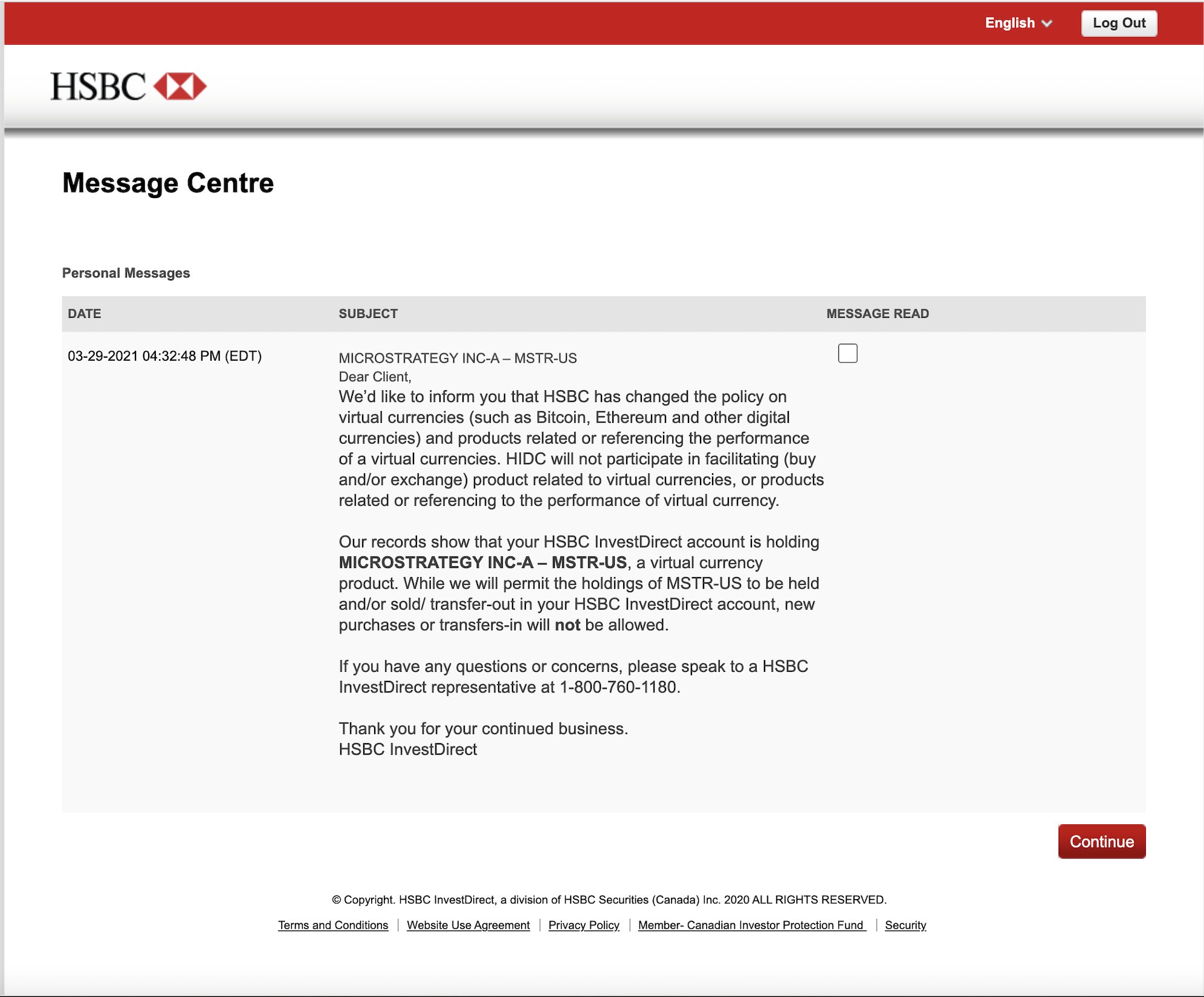 HSBC trading desk message to customers 
